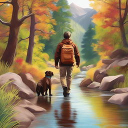 A high-quality digital art depicting a young man and his chocolate labrador retriever hiking on a trail by a lively creek