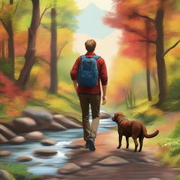 A high-quality digital art depicting a young man and his chocolate labrador retriever hiking on a trail by a lively creek