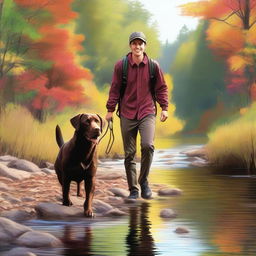 A high-quality digital art depicting a young man and his chocolate labrador retriever hiking on a trail by a lively creek