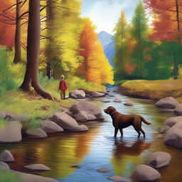 A high-quality digital art depicting a young man and his chocolate labrador retriever hiking on a trail by a lively creek