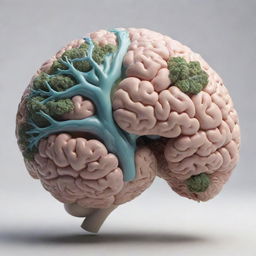 A highly detailed and realistic human brain model, except it's full of natural landscapes. The sulci and gyri are transformed into flowing rivers, mountain ranges, fields, and forests.