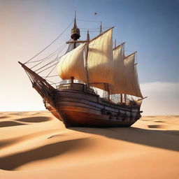 An intriguing high-quality digital art image that portrays a medieval ship situated in the heart of a vast desert