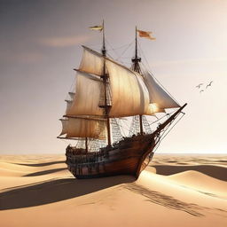 An intriguing high-quality digital art image that portrays a medieval ship situated in the heart of a vast desert