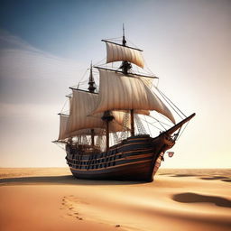 An intriguing high-quality digital art image that portrays a medieval ship situated in the heart of a vast desert