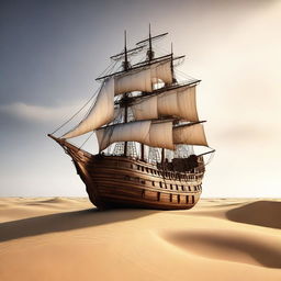 An intriguing high-quality digital art image that portrays a medieval ship situated in the heart of a vast desert