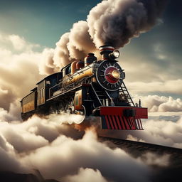 A fantastical locomotive soaring through the sky, puffing smoke, with distant clouds around it