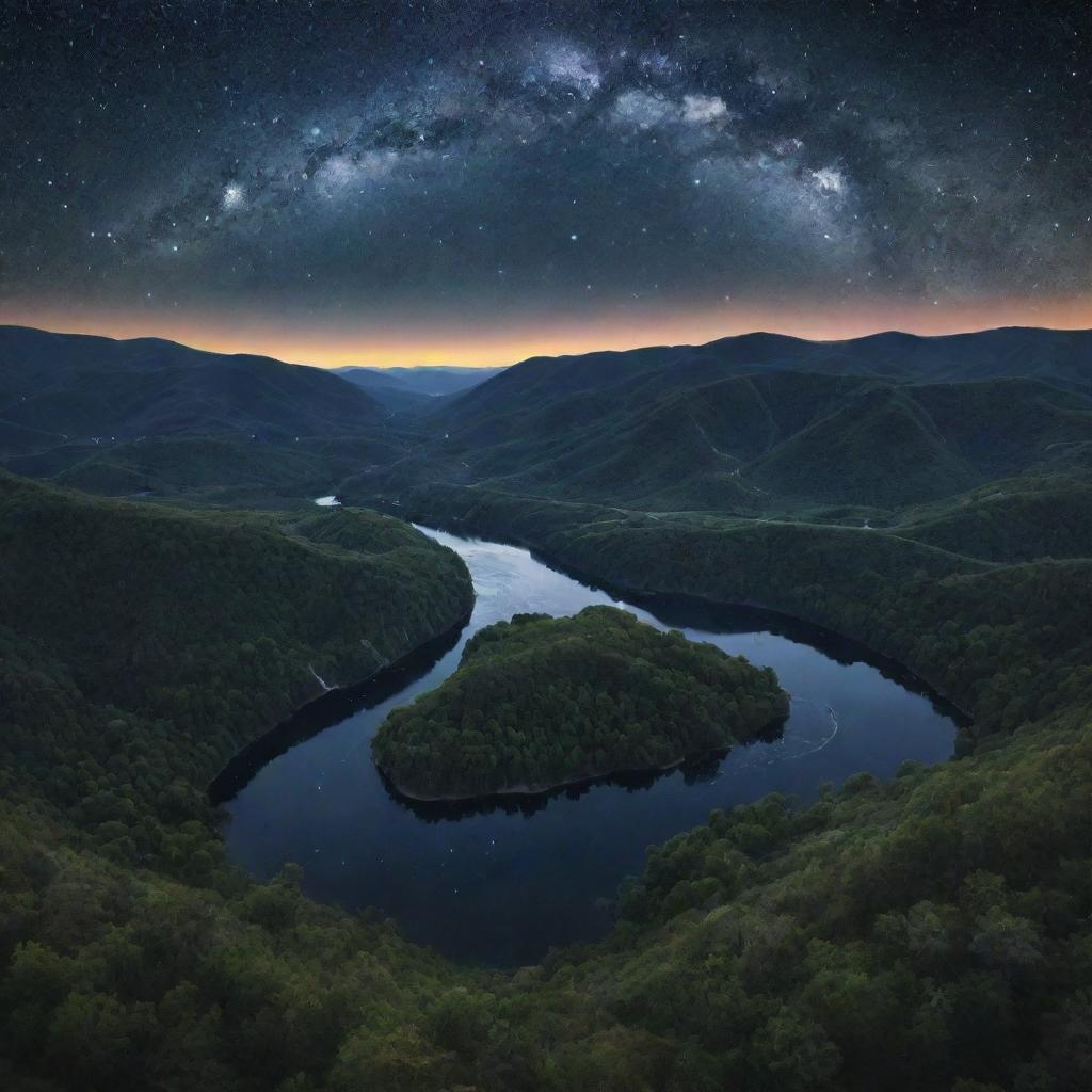 A breathtaking landscape where nature mimics neural pathways: rivers resemble brain sulci, trees look like neurons, hills and mountain ranges form the brain gyri. The sky above displays a neuron star constellations.