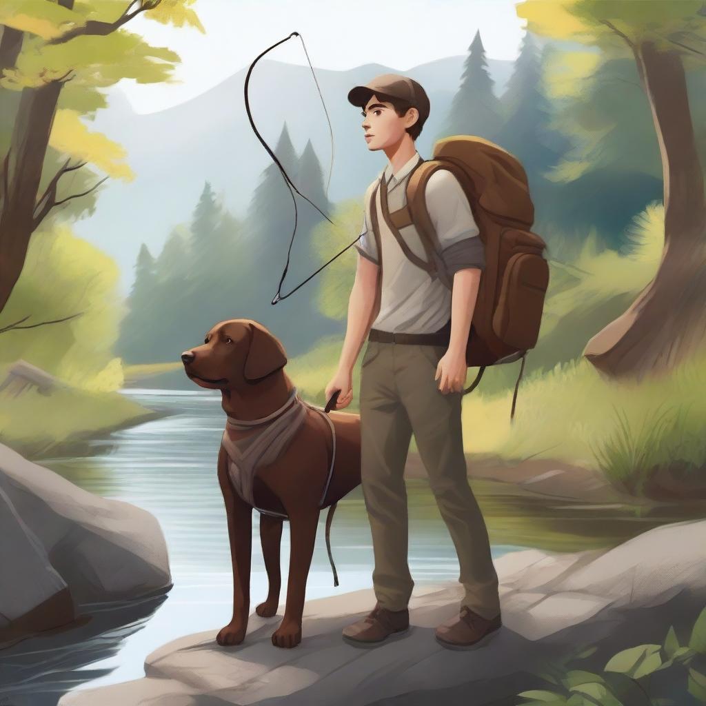 The digital art now features the young man equipped with a large backpack and a bow and arrow