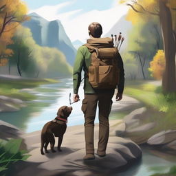 The digital art now features the young man equipped with a large backpack and a bow and arrow