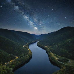 A breathtaking landscape where nature mimics neural pathways: rivers resemble brain sulci, trees look like neurons, hills and mountain ranges form the brain gyri. The sky above displays a neuron star constellations.