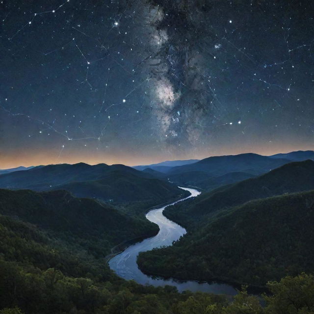 A breathtaking landscape where nature mimics neural pathways: rivers resemble brain sulci, trees look like neurons, hills and mountain ranges form the brain gyri. The sky above displays a neuron star constellations.