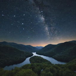 A breathtaking landscape where nature mimics neural pathways: rivers resemble brain sulci, trees look like neurons, hills and mountain ranges form the brain gyri. The sky above displays a neuron star constellations.