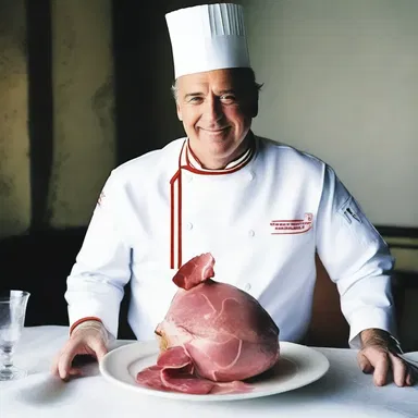 The fashion-forward chef wore a ham hock as an unconventional accessory.