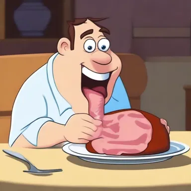 The animated character devoured a whole ham hock in one comical gulp.