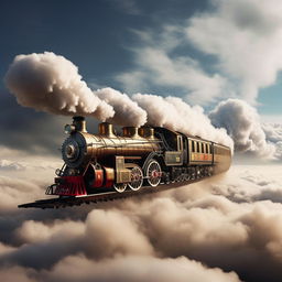 A fantastical locomotive soaring through the sky, puffing smoke, with distant clouds around it