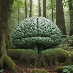 In a lush, dense green forest, a highly detailed, anatomically correct human brain is placed. The brain appears as if the roots of trees are providing it with nutrients, symbolizing the interplay between nature and the human mind.