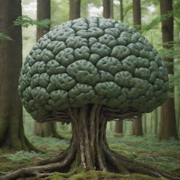 In a lush, dense green forest, a highly detailed, anatomically correct human brain is placed. The brain appears as if the roots of trees are providing it with nutrients, symbolizing the interplay between nature and the human mind.