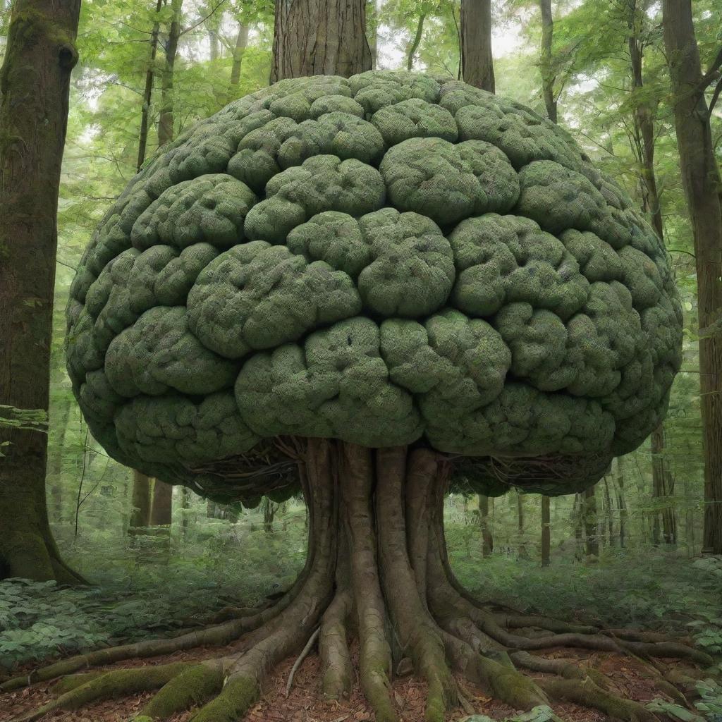 In a lush, dense green forest, a highly detailed, anatomically correct human brain is placed. The brain appears as if the roots of trees are providing it with nutrients, symbolizing the interplay between nature and the human mind.