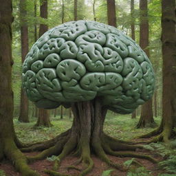 In a lush, dense green forest, a highly detailed, anatomically correct human brain is placed. The brain appears as if the roots of trees are providing it with nutrients, symbolizing the interplay between nature and the human mind.