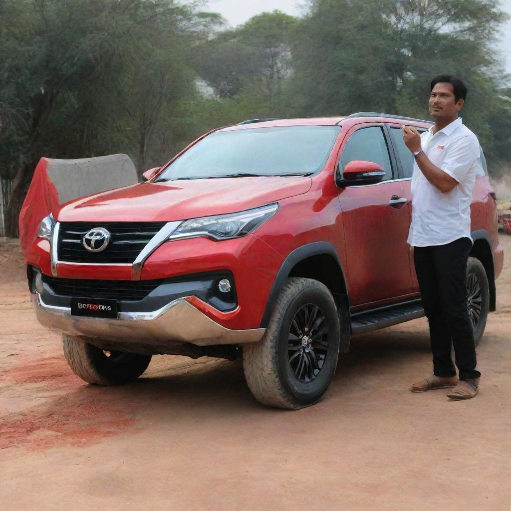 An impressive Fortuner car painted in shades of red, black, and white, with a person admirably looking at it.