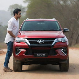 An impressive Fortuner car painted in shades of red, black, and white, with a person admirably looking at it.