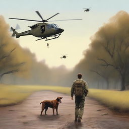 The digital art is revised to feature the military helicopter as a tiny speck in the far-off distance, almost blending into the vast sky