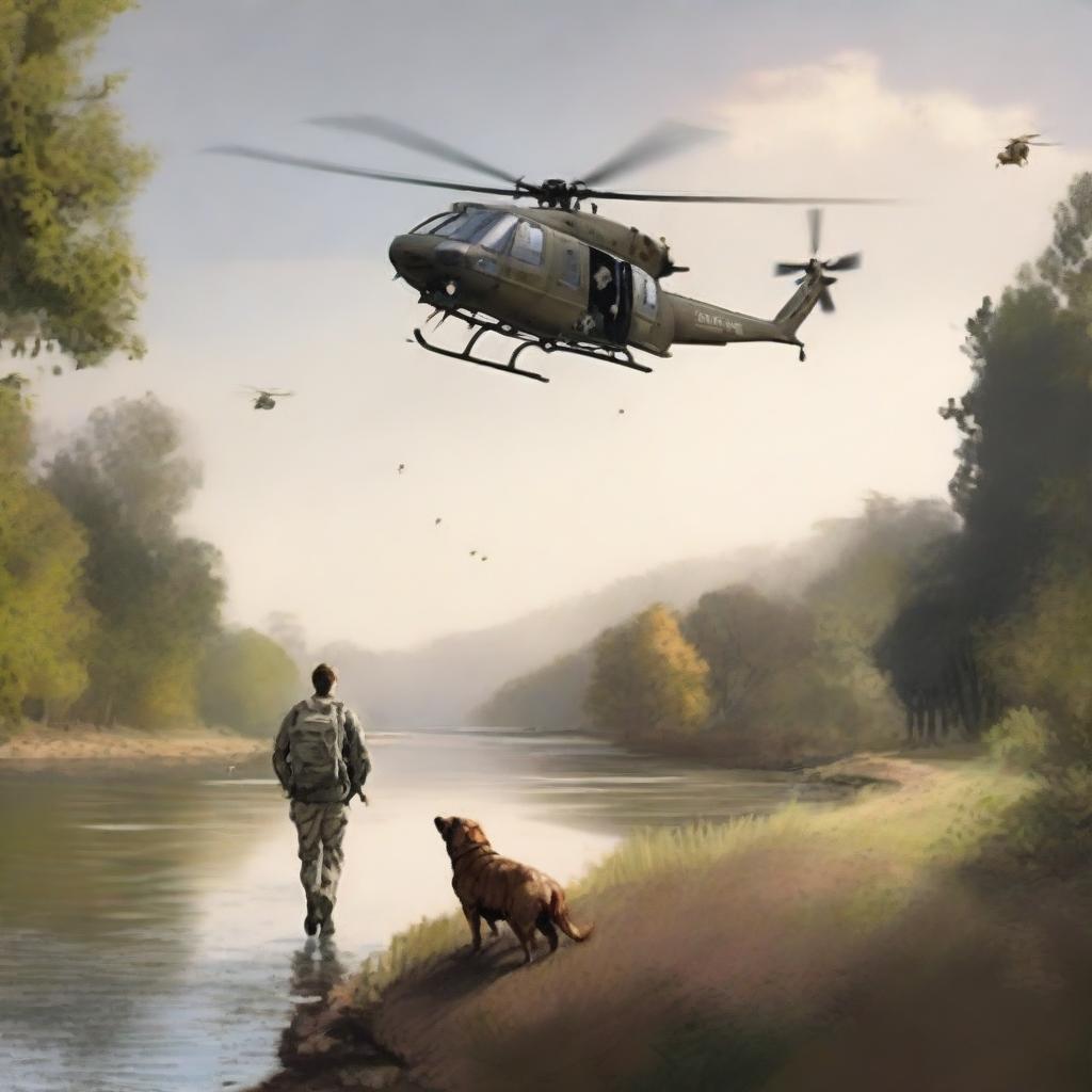 The digital art is revised to feature the military helicopter as a tiny speck in the far-off distance, almost blending into the vast sky