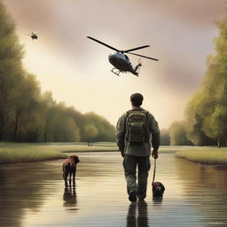 The digital art is revised to feature the military helicopter as a tiny speck in the far-off distance, almost blending into the vast sky