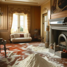 Modify the previous image to focus on the 1980s-style living room inside the mansion, while still showcasing the table with a pile of cooking flour.