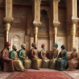 A digital art representation of an Ottoman Empire era harem of sultans