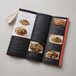 A renovated restaurant menu with an elegant, contemporary design featuring vibrant images of various delicious dishes displayed in an organized manner.