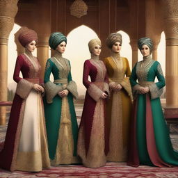 A high-quality digital art piece depicting the five most prominent women sultans of the Ottoman Empire