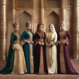 A high-quality digital art piece depicting the five most prominent women sultans of the Ottoman Empire