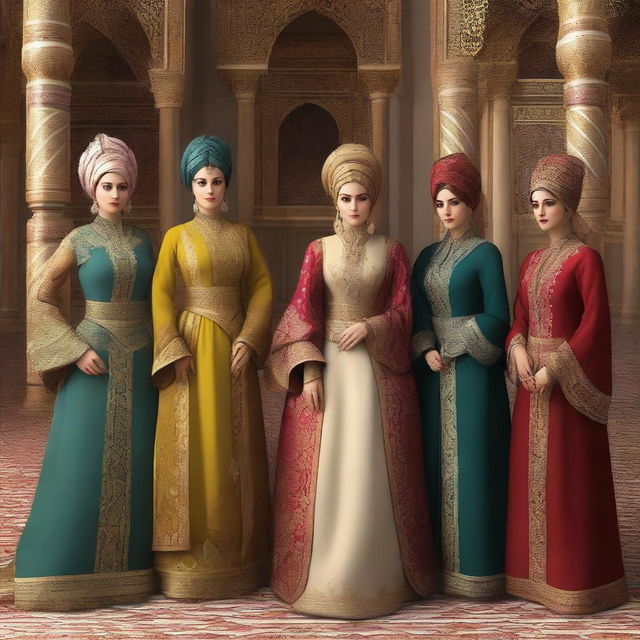 A high-quality digital art piece depicting the five most prominent women sultans of the Ottoman Empire