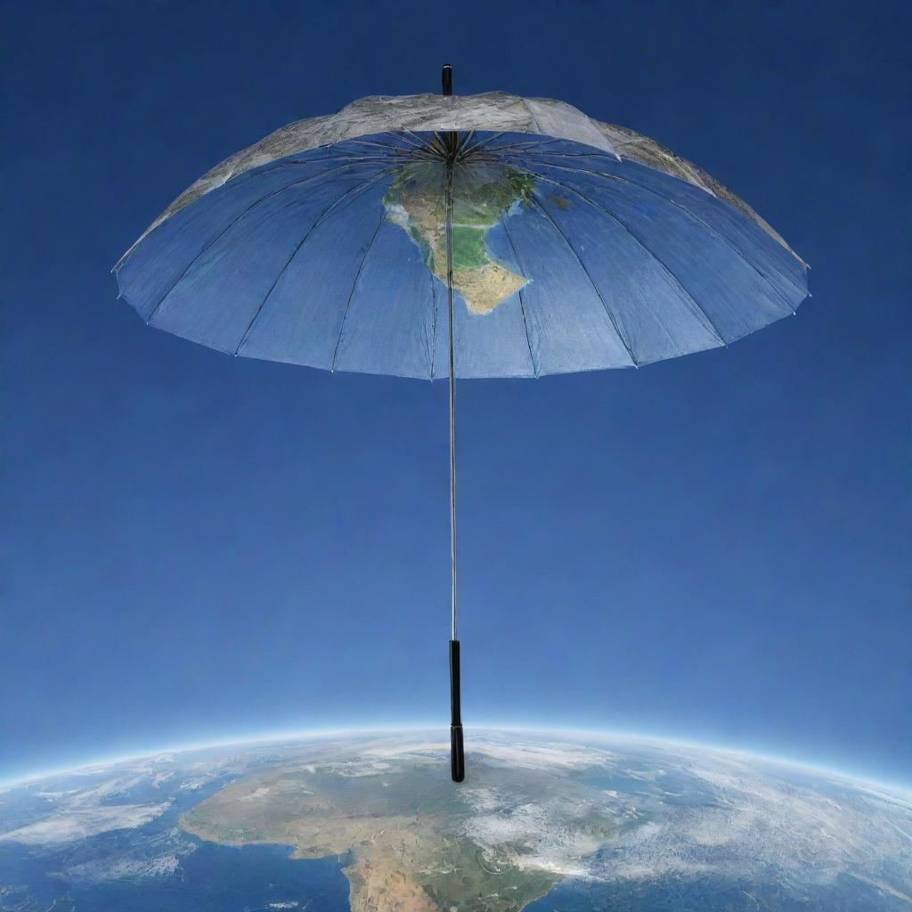 Planet Earth with a large, detailed umbrella hovering above it.