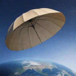 Planet Earth with a large, detailed umbrella hovering above it.