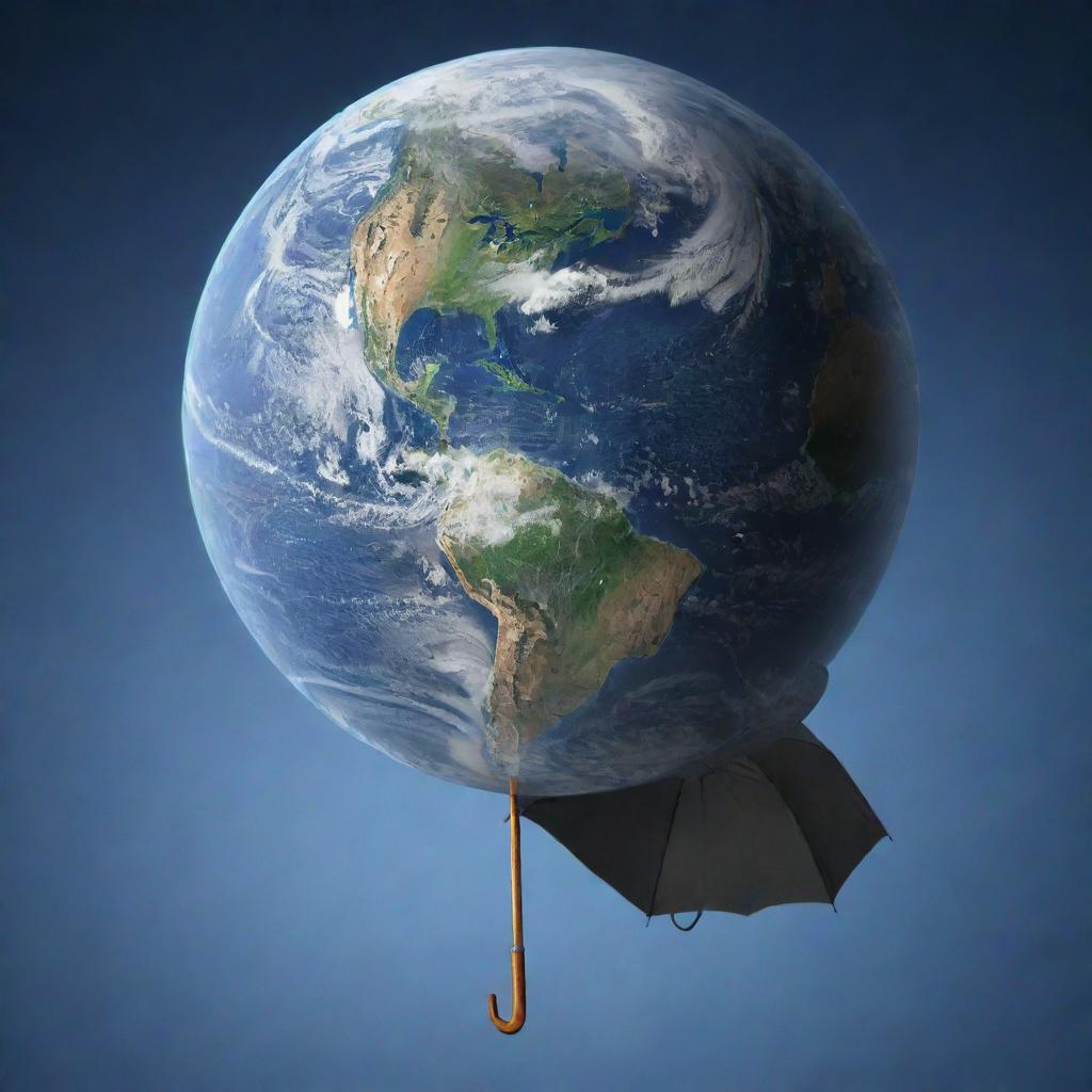 Planet Earth with a large, detailed umbrella hovering above it.