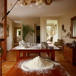 Modify the previous image to focus on the 1980s-style living room inside the mansion, while still showcasing the table with a pile of cooking flour.