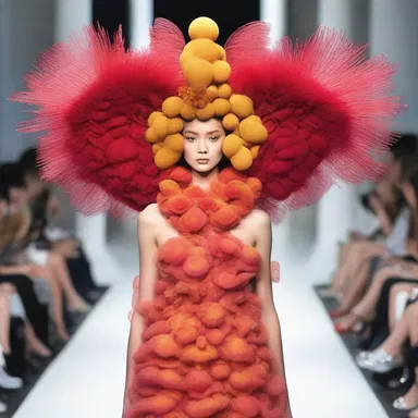 The fashion designer showcased a stunning gown on the runway, featuring a coxcomb-inspired headdress for a bold and avant-garde touch.