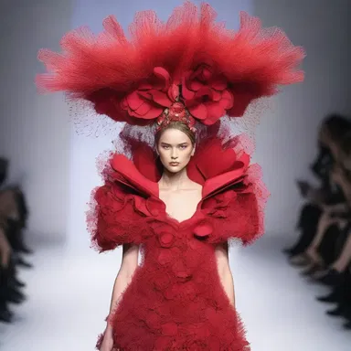 The fashion designer showcased a stunning gown on the runway, featuring a coxcomb-inspired headdress for a bold and avant-garde touch.