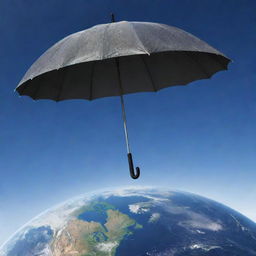 Planet Earth with a large, detailed umbrella hovering above it.