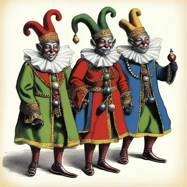 In the world of fantasy novels, the court jesters are commonly described as wearing vibrant coxcombs adorned with bells and feathers.