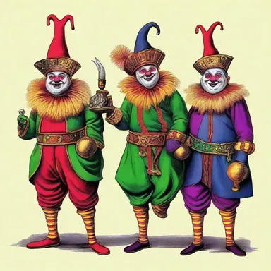 In the world of fantasy novels, the court jesters are commonly described as wearing vibrant coxcombs adorned with bells and feathers.