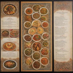 A restaurant menu with a traditional Iranian theme, showcasing intricate Persian elements and designs, accompanied by images of each uniquely flavorful Persian dish.