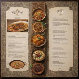 A restaurant menu with a traditional Iranian theme, showcasing intricate Persian elements and designs, accompanied by images of each uniquely flavorful Persian dish.