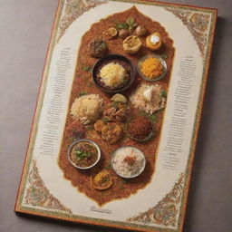 A restaurant menu with a traditional Iranian theme, showcasing intricate Persian elements and designs, accompanied by images of each uniquely flavorful Persian dish.