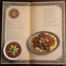 A restaurant menu with a traditional Iranian theme, showcasing intricate Persian elements and designs, accompanied by images of each uniquely flavorful Persian dish.