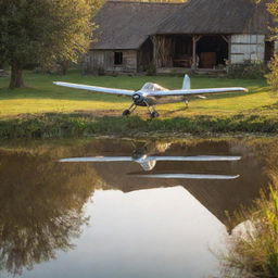 A vintage airplane parked impressively in a rustic village pond, reflections shimmering on the water surface.