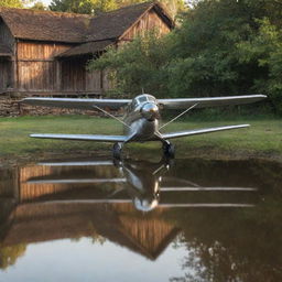 A vintage airplane parked impressively in a rustic village pond, reflections shimmering on the water surface.