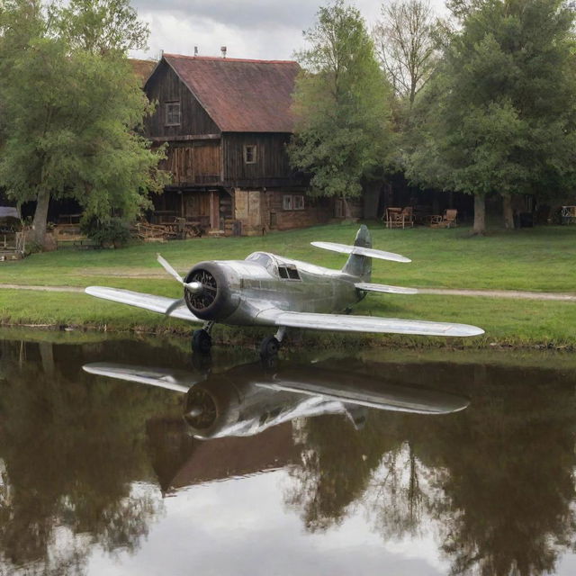 A vintage airplane parked impressively in a rustic village pond, reflections shimmering on the water surface.